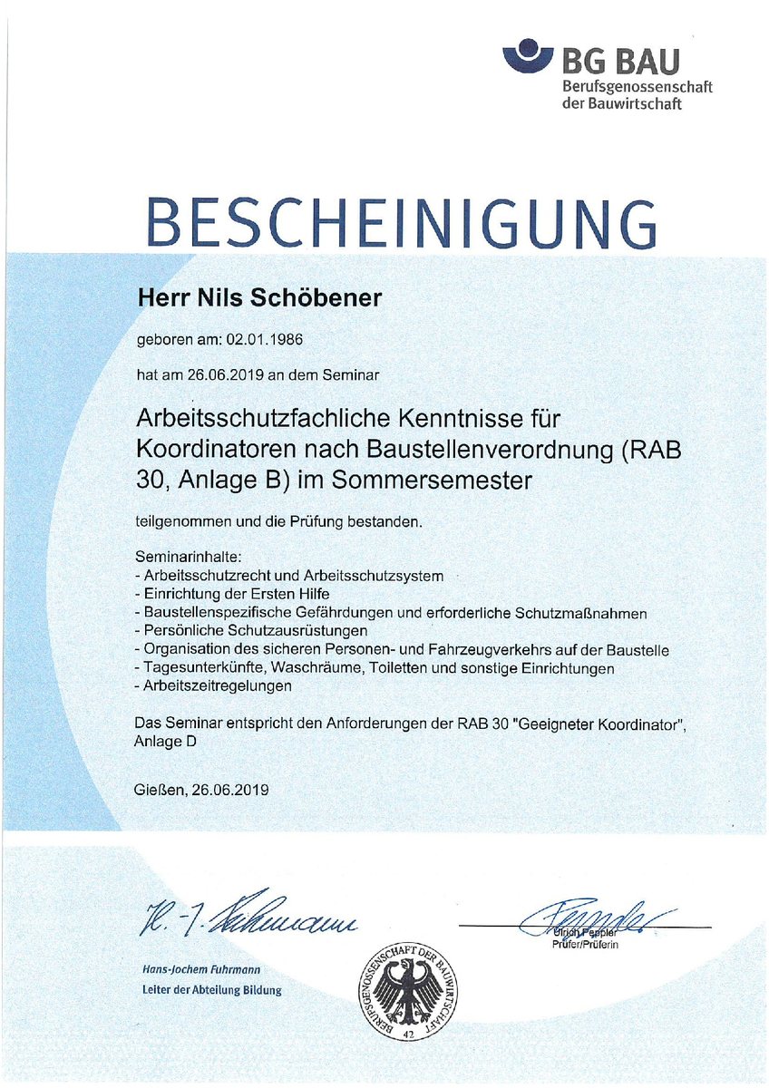 BG BAU – arbeitsschutzfachliche Kenntnisse nach Baustellenverordnung